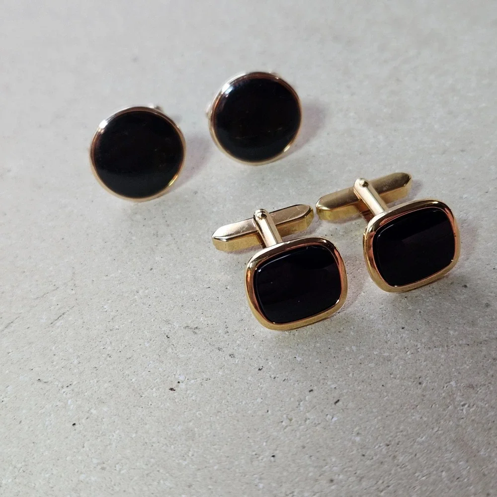 Vtg Gold‎ Tone Black Enamel Cufflinks Set Round and Square Toggle Back 2 Pairs